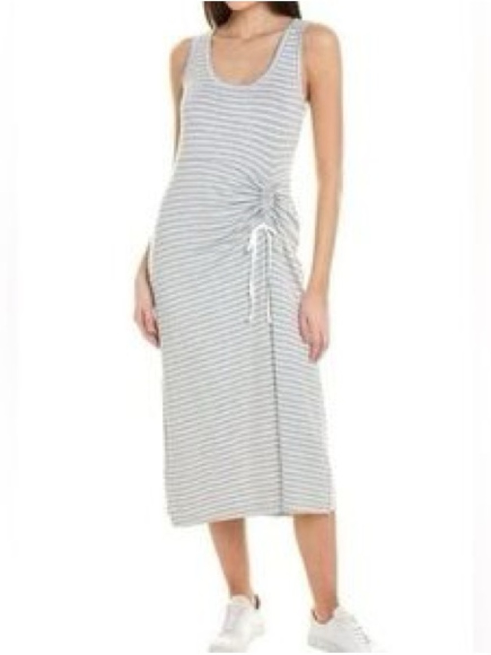Cabi Easy Striped Ruched Drawstring MIDI Dress Gray White Sleeveless SzM Coastal